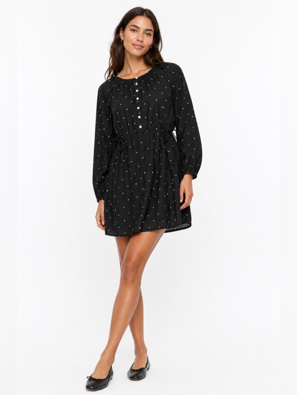 Madewell Button-Front Tie-Waist Mini Dress in Square Spot Black Size XS - Picture 2 of 8